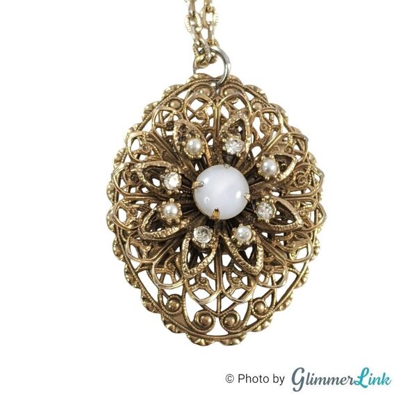 Vintage Layered Filigree Floral Oval Glass Moonstone Gold Tone Pendant Necklace - Picture 2 of 10